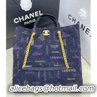 Buy Grade Chanel Printed Denim Maxi Shopping Bag AS3128 Dark Blue