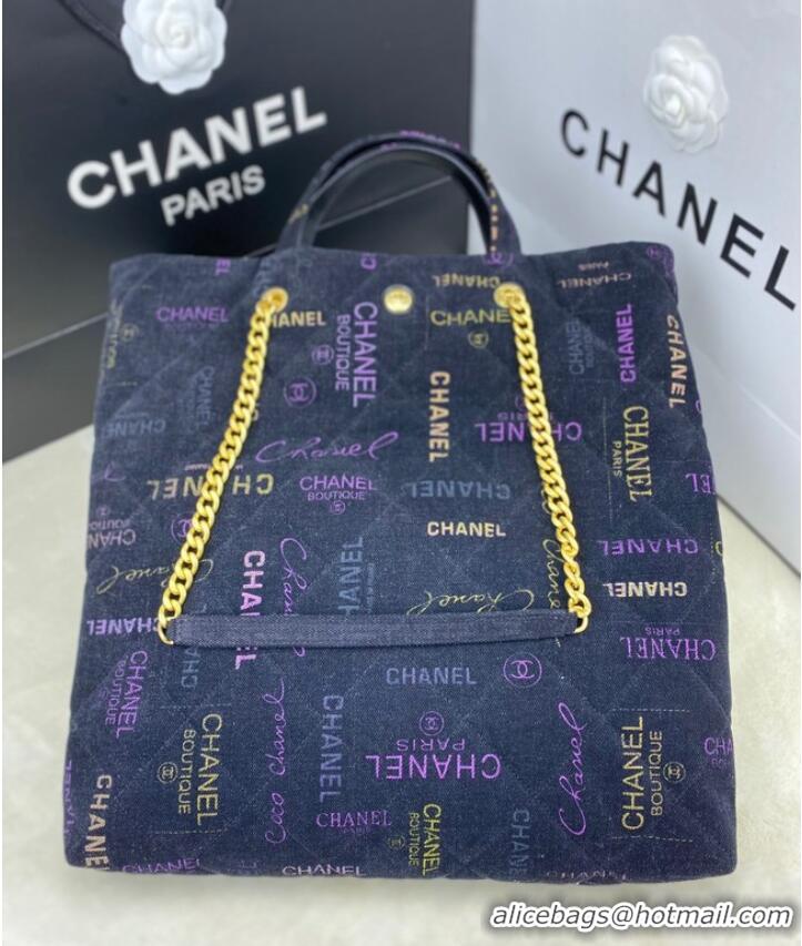 Buy Grade Chanel Printed Denim Maxi Shopping Bag AS3128 Dark Blue