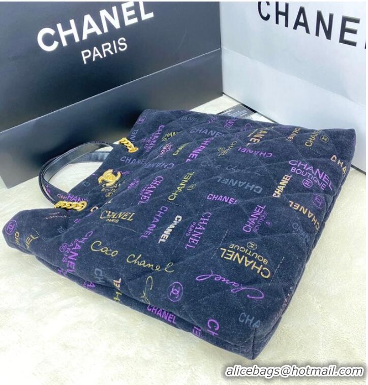 Buy Grade Chanel Printed Denim Maxi Shopping Bag AS3128 Dark Blue