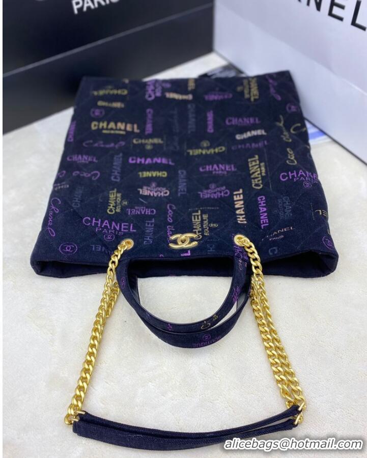 Buy Grade Chanel Printed Denim Maxi Shopping Bag AS3128 Dark Blue