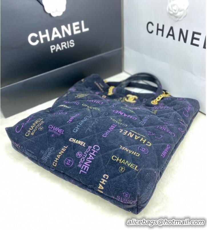 Buy Grade Chanel Printed Denim Maxi Shopping Bag AS3128 Dark Blue