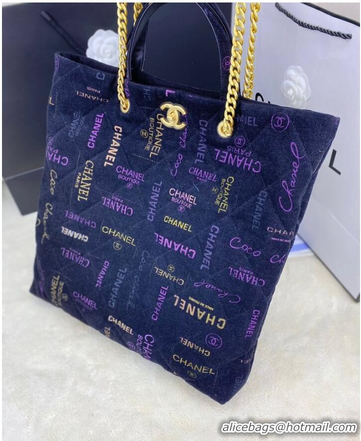 Buy Grade Chanel Printed Denim Maxi Shopping Bag AS3128 Dark Blue