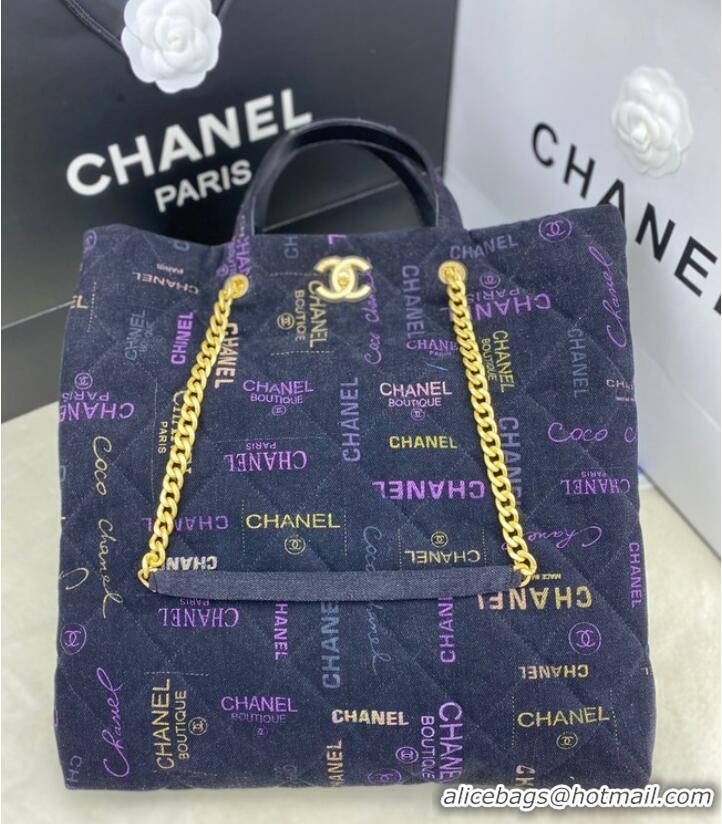 Buy Grade Chanel Printed Denim Maxi Shopping Bag AS3128 Dark Blue