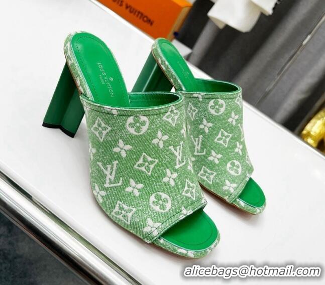 Good Looking Louis Vuitton Silhouette Monogram Denim High Heel Slide Sandals 8cm Green 032322