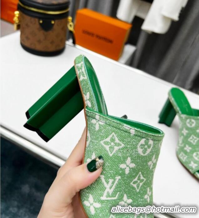 Good Looking Louis Vuitton Silhouette Monogram Denim High Heel Slide Sandals 8cm Green 032322