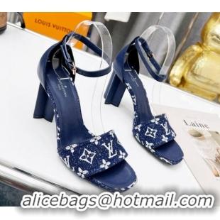 Best Price Louis Vuitton Silhouette Monogram Denim and Leather Sandals 8cm Navy Blue 032324