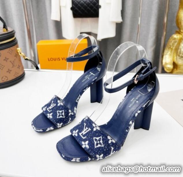 Best Price Louis Vuitton Silhouette Monogram Denim and Leather Sandals 8cm Navy Blue 032324