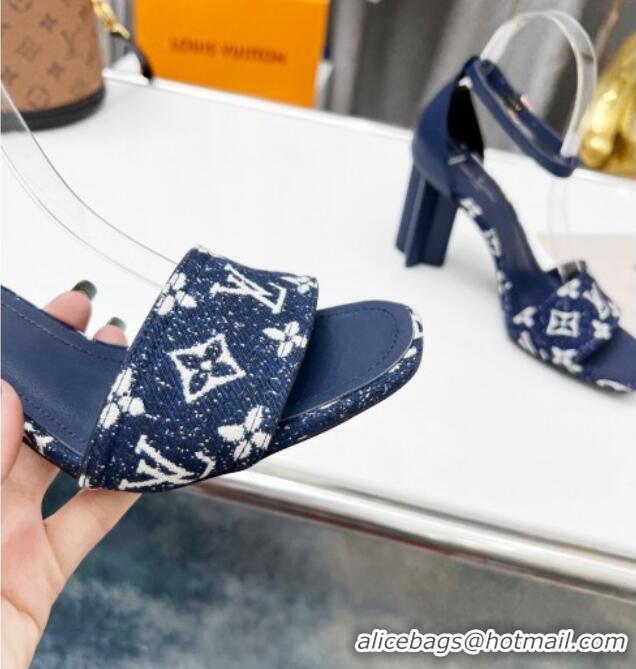 Best Price Louis Vuitton Silhouette Monogram Denim and Leather Sandals 8cm Navy Blue 032324