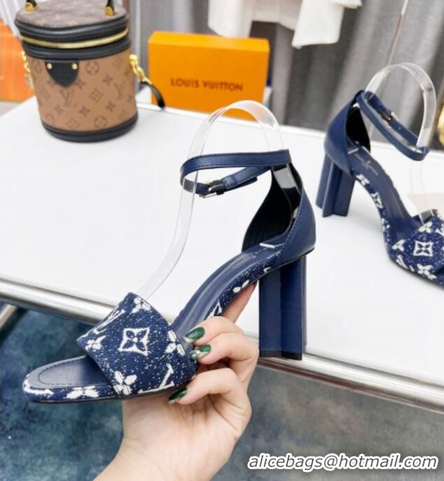 Best Price Louis Vuitton Silhouette Monogram Denim and Leather Sandals 8cm Navy Blue 032324