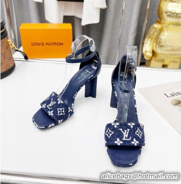 Best Price Louis Vuitton Silhouette Monogram Denim and Leather Sandals 8cm Navy Blue 032324