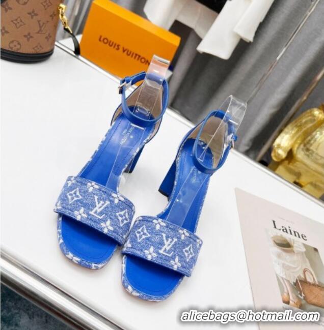 Grade Louis Vuitton Silhouette Monogram Denim and Leather Sandals 8cm Sky Blue 032328