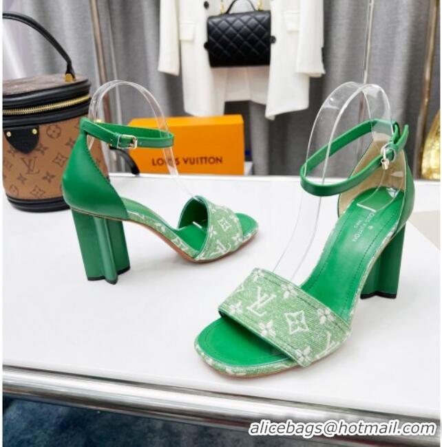 Most Popular Perfect Louis Vuitton Silhouette Monogram Denim and Leather Sandals 8cm Green 032330