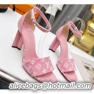 Grade Quality Louis Vuitton Silhouette Monogram Denim and Leather Sandals 8cm Pink 032331