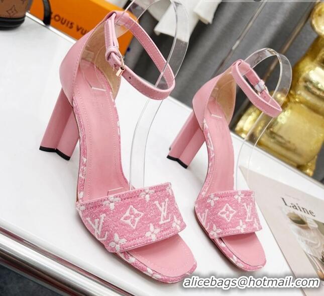 Grade Quality Louis Vuitton Silhouette Monogram Denim and Leather Sandals 8cm Pink 032331