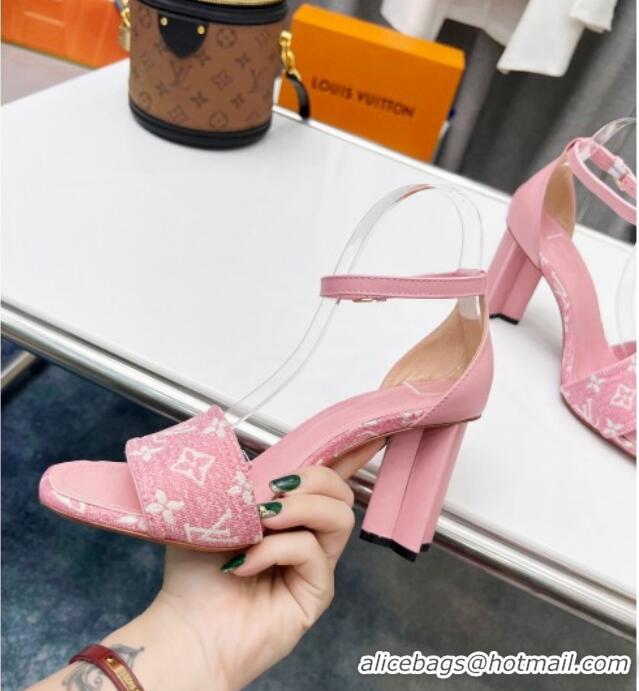 Grade Quality Louis Vuitton Silhouette Monogram Denim and Leather Sandals 8cm Pink 032331