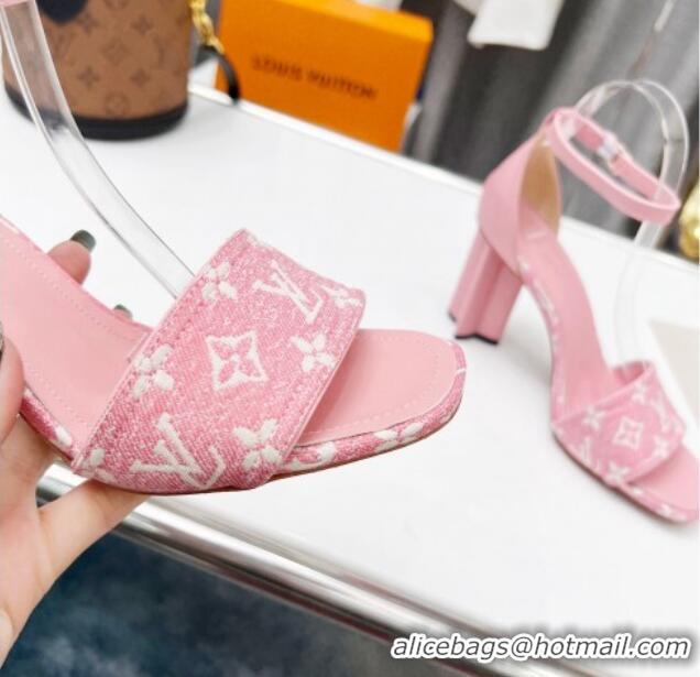 Grade Quality Louis Vuitton Silhouette Monogram Denim and Leather Sandals 8cm Pink 032331