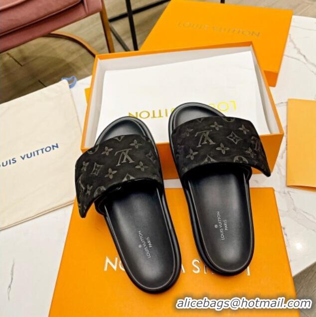 Durable Louis Vuitton Pool Pillow Comfort Monogram Suede Slide Sandals Black 032341