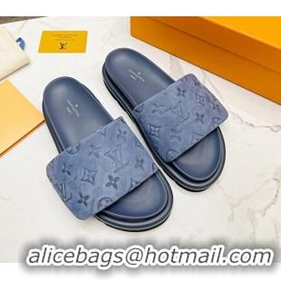 Best Price Louis Vuitton Pool Pillow Comfort Monogram Suede Slide Sandals Dusty Blue 032344