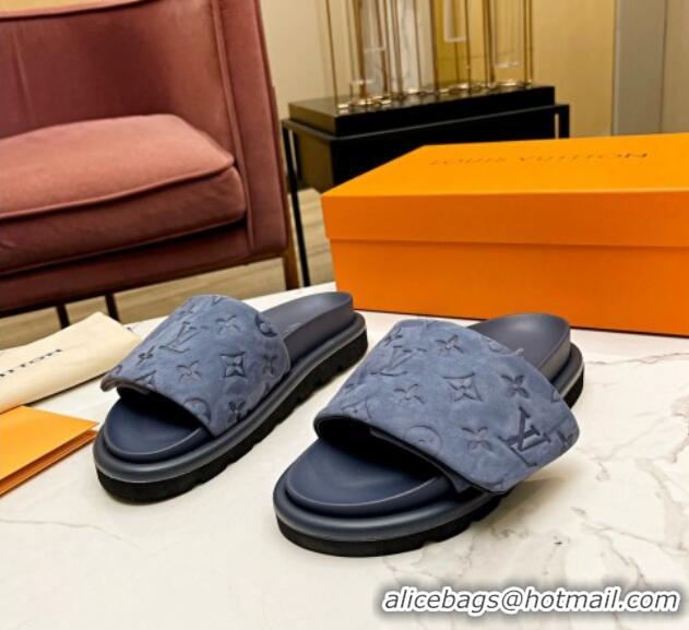 Best Price Louis Vuitton Pool Pillow Comfort Monogram Suede Slide Sandals Dusty Blue 032344