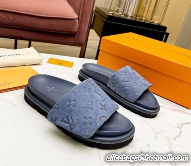 Best Price Louis Vuitton Pool Pillow Comfort Monogram Suede Slide Sandals Dusty Blue 032344