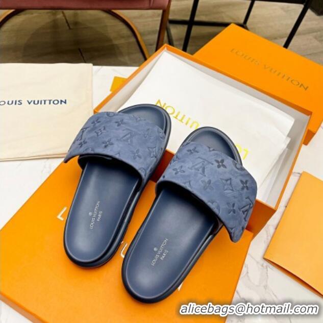 Best Price Louis Vuitton Pool Pillow Comfort Monogram Suede Slide Sandals Dusty Blue 032344