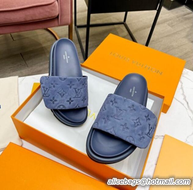 Best Price Louis Vuitton Pool Pillow Comfort Monogram Suede Slide Sandals Dusty Blue 032344