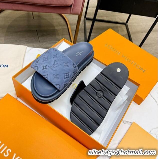 Best Price Louis Vuitton Pool Pillow Comfort Monogram Suede Slide Sandals Dusty Blue 032344