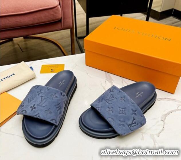 Best Price Louis Vuitton Pool Pillow Comfort Monogram Suede Slide Sandals Dusty Blue 032344