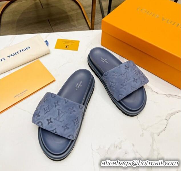 Best Price Louis Vuitton Pool Pillow Comfort Monogram Suede Slide Sandals Dusty Blue 032344