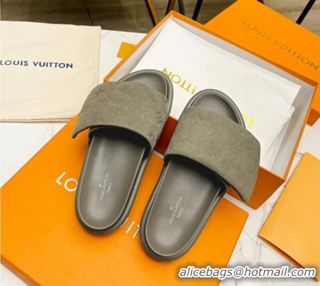 Stylish Louis Vuitton Pool Pillow Comfort Monogram Suede Slide Sandals Khaki Grey 032345