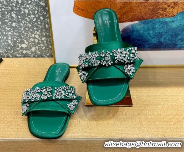 Sumptuous Louis Vuitton Diva Satin Crystal Bow Flat Slide Sandals Green 032347