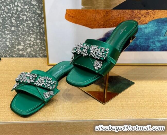 Sumptuous Louis Vuitton Diva Satin Crystal Bow Flat Slide Sandals Green 032347