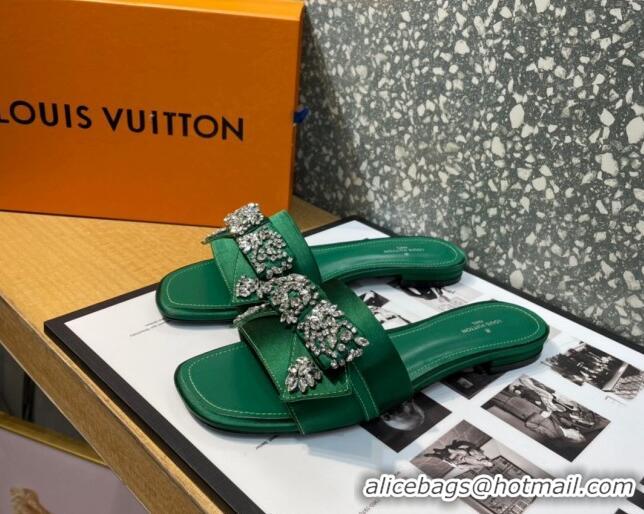 Sumptuous Louis Vuitton Diva Satin Crystal Bow Flat Slide Sandals Green 032347