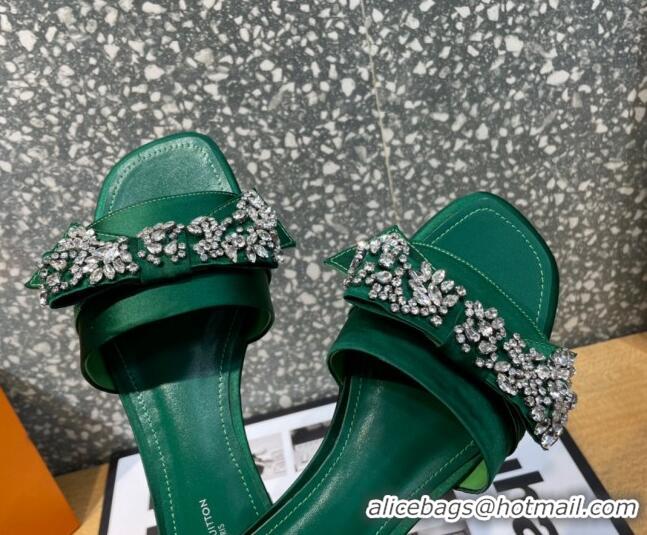 Sumptuous Louis Vuitton Diva Satin Crystal Bow Flat Slide Sandals Green 032347