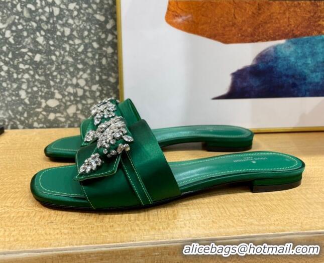 Sumptuous Louis Vuitton Diva Satin Crystal Bow Flat Slide Sandals Green 032347