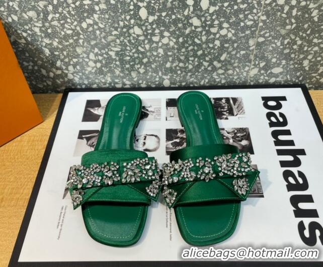 Sumptuous Louis Vuitton Diva Satin Crystal Bow Flat Slide Sandals Green 032347