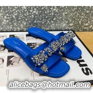 Top Grade Louis Vuitton Diva Satin Crystal Bow Flat Slide Sandals Blue 032348