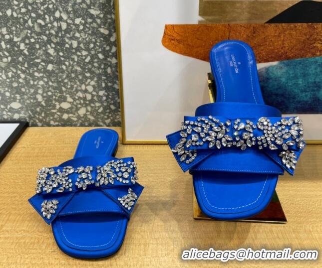 Top Grade Louis Vuitton Diva Satin Crystal Bow Flat Slide Sandals Blue 032348