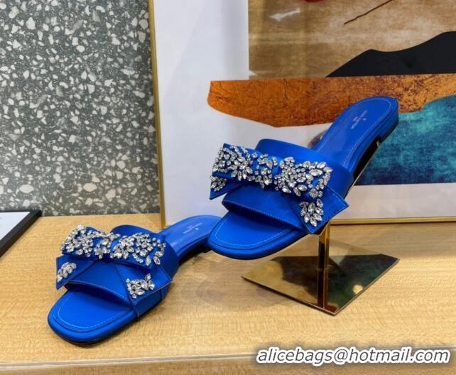 Top Grade Louis Vuitton Diva Satin Crystal Bow Flat Slide Sandals Blue 032348