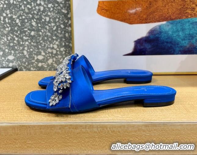 Top Grade Louis Vuitton Diva Satin Crystal Bow Flat Slide Sandals Blue 032348