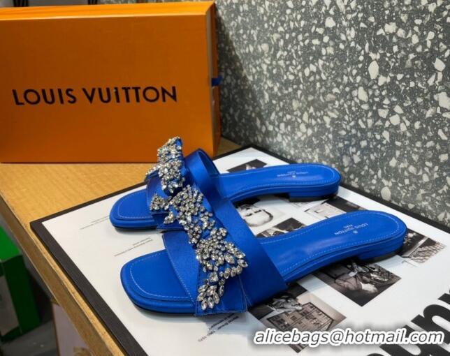 Top Grade Louis Vuitton Diva Satin Crystal Bow Flat Slide Sandals Blue 032348