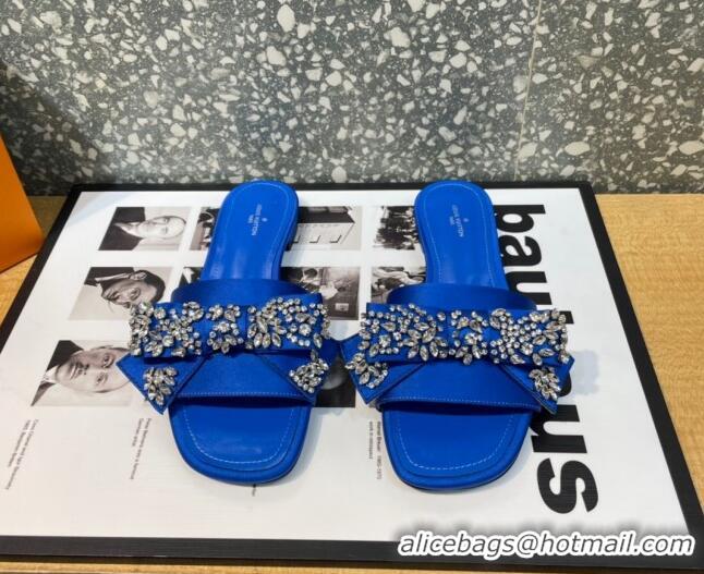 Top Grade Louis Vuitton Diva Satin Crystal Bow Flat Slide Sandals Blue 032348