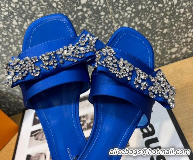 Top Grade Louis Vuitton Diva Satin Crystal Bow Flat Slide Sandals Blue 032348