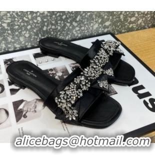 Stylish Louis Vuitton Diva Satin Crystal Bow Flat Slide Sandals Black 032349