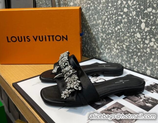 Stylish Louis Vuitton Diva Satin Crystal Bow Flat Slide Sandals Black 032349