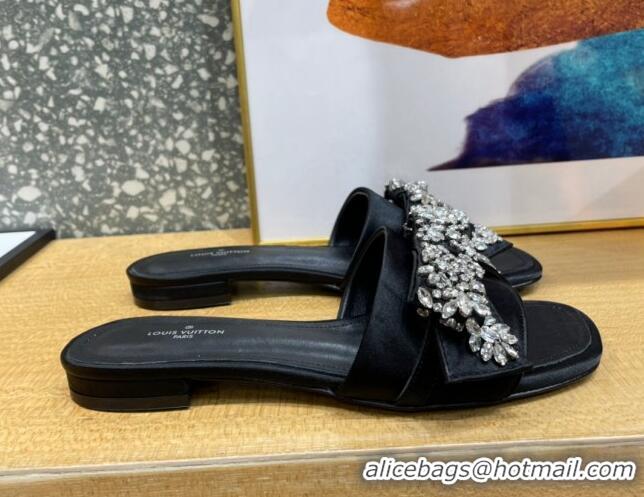 Stylish Louis Vuitton Diva Satin Crystal Bow Flat Slide Sandals Black 032349