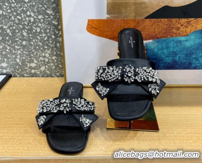 Stylish Louis Vuitton Diva Satin Crystal Bow Flat Slide Sandals Black 032349