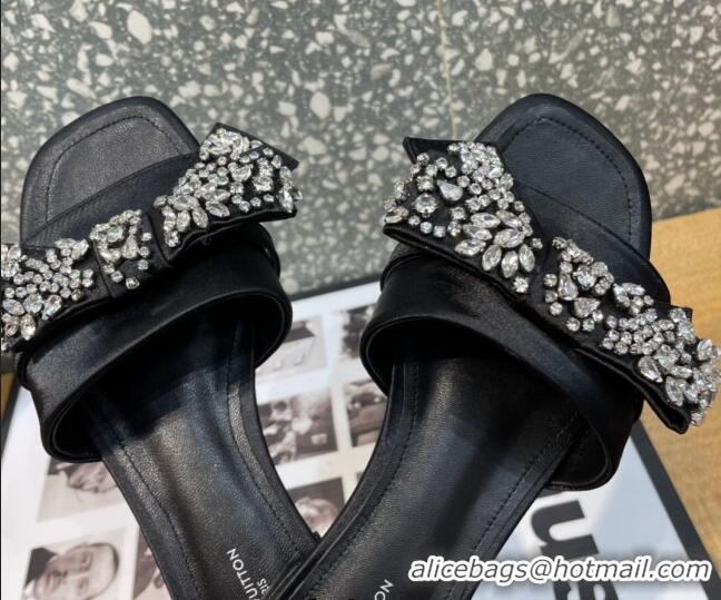 Stylish Louis Vuitton Diva Satin Crystal Bow Flat Slide Sandals Black 032349