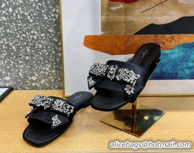 Stylish Louis Vuitton Diva Satin Crystal Bow Flat Slide Sandals Black 032349