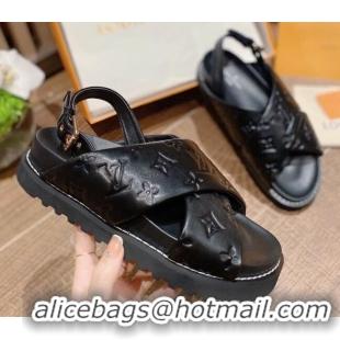 Good Quality Louis Vuitton Paseo Flat Comfort Crossover Monogram Leather Sandals Black 032351